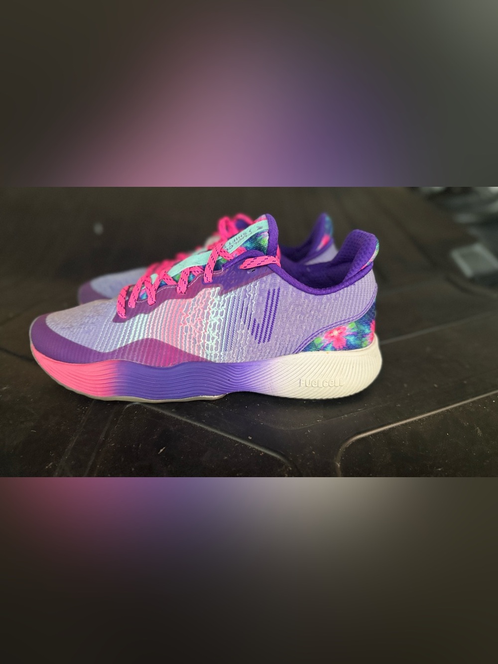 New Balance Kids' Purple and Pink Gradient Sneakers with Tie-Dye Accent